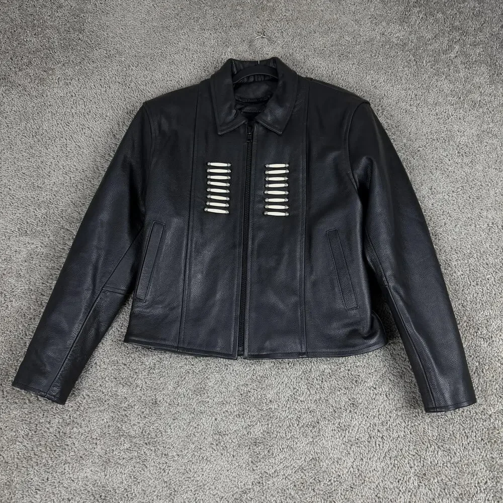 Jim Leather Jacket Womens Large Black Western Bone Bead Biker Motorcycle Zip - Picture 1 of 11